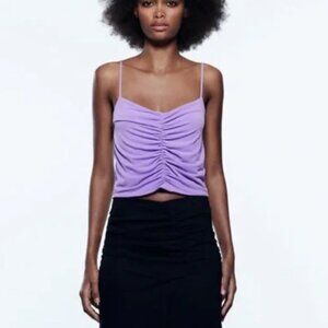 Zara Lilac Ruched Tank Top with Spaghetti Straps, Size S